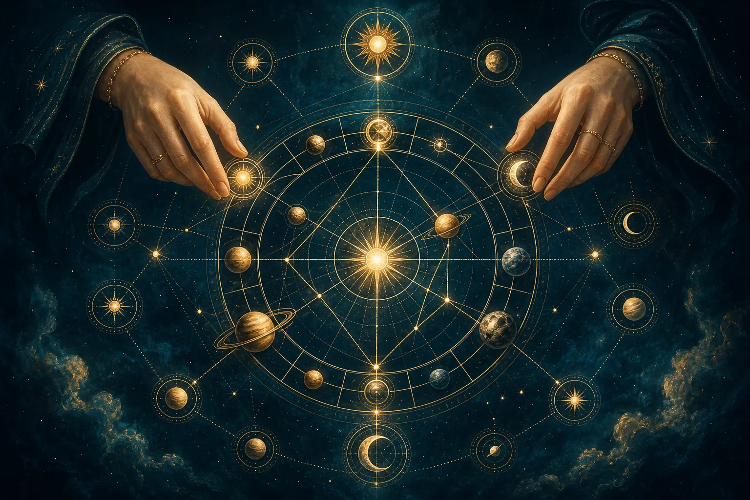 Manos organizando los planetas y conexiones de una carta natal luminosa