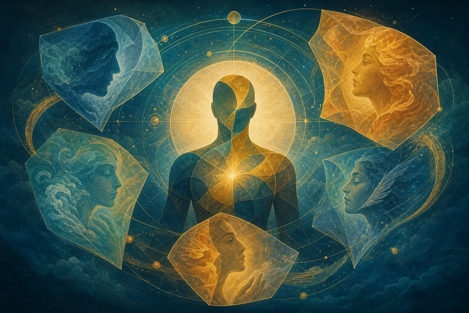Facetas de la personalidad reuniéndose alrededor de una figura humana luminosa