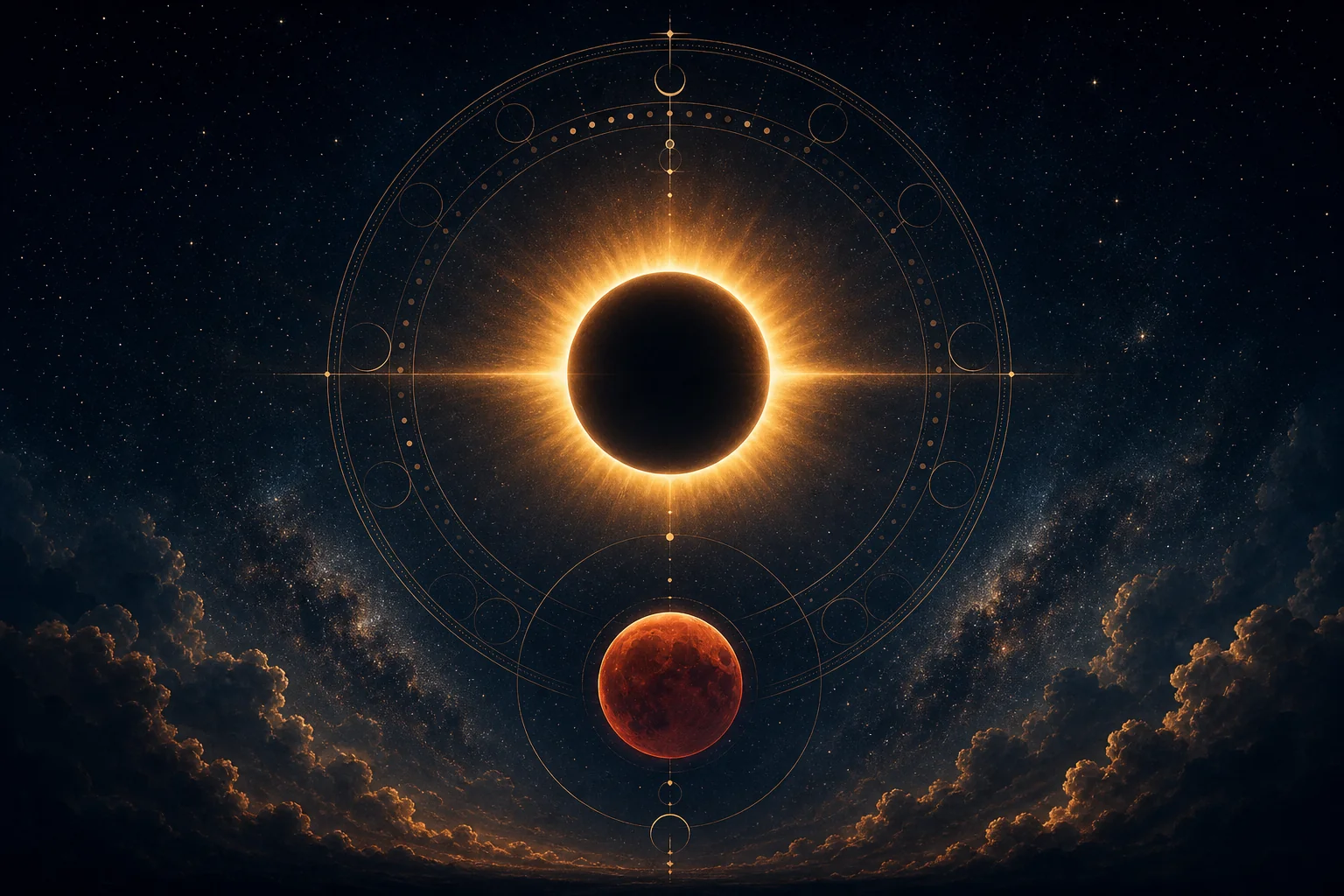 Eclipse solar y eclipse lunar en una composición astrológica