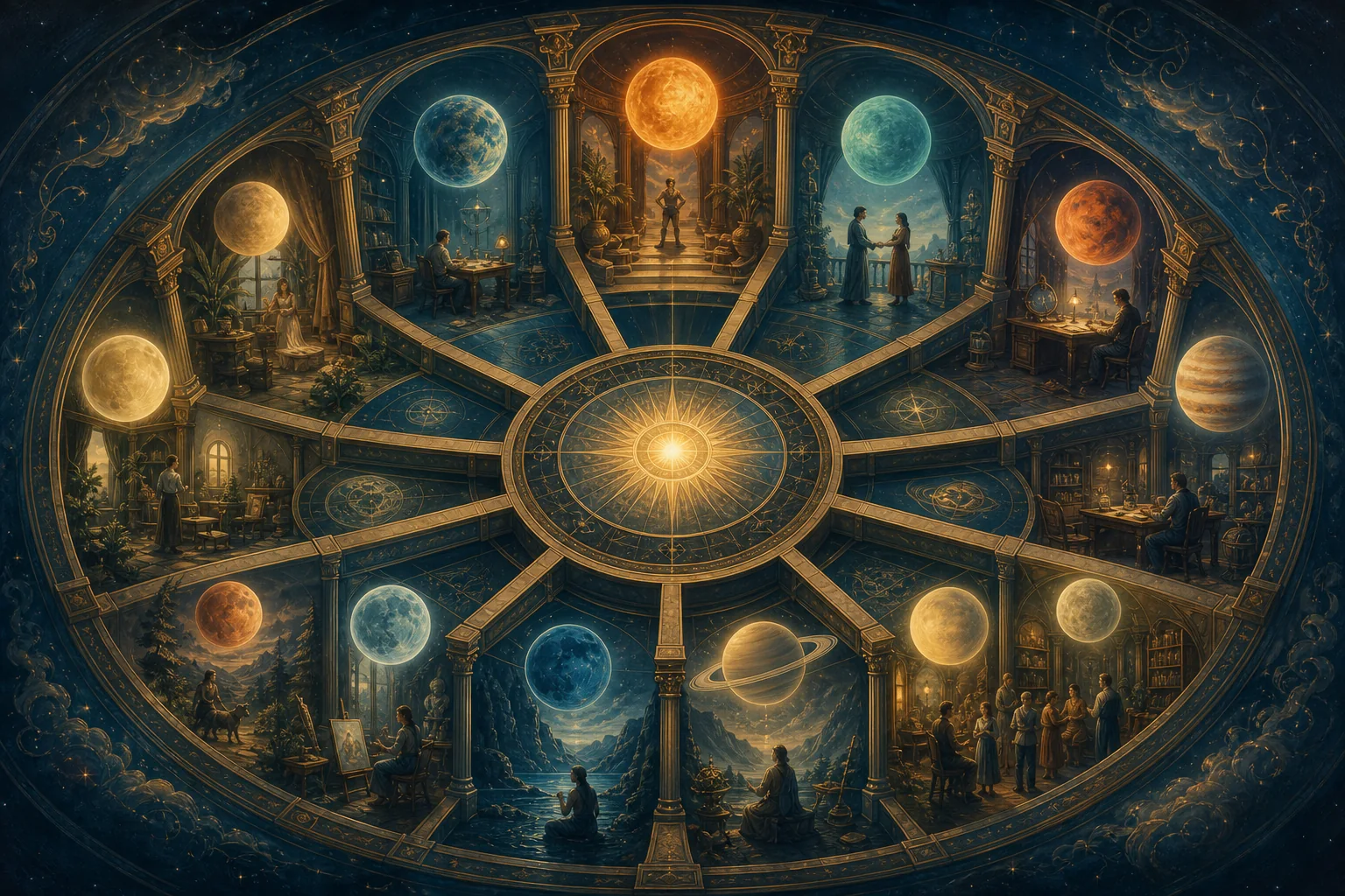 Doce espacios de una casa celeste iluminados por diferentes planetas