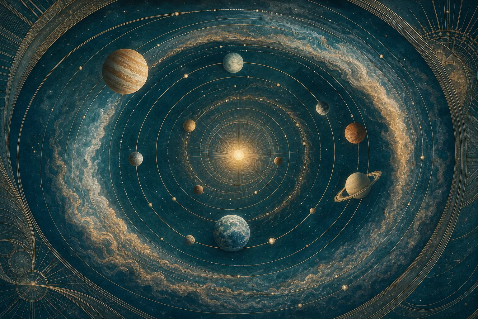 Planetas recorriendo órbitas concéntricas que simbolizan ciclos planetarios